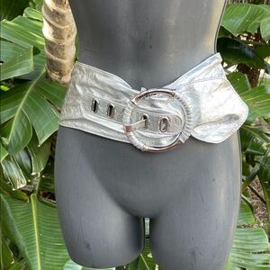 White House, black market, wide, silver metallic leather belt